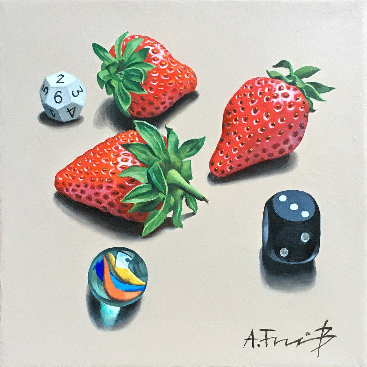 Photorealistic Still Life Oil Painting By Alexander Titorenkov, 8 X 8, Strawberries And A Marble, Original Artwork