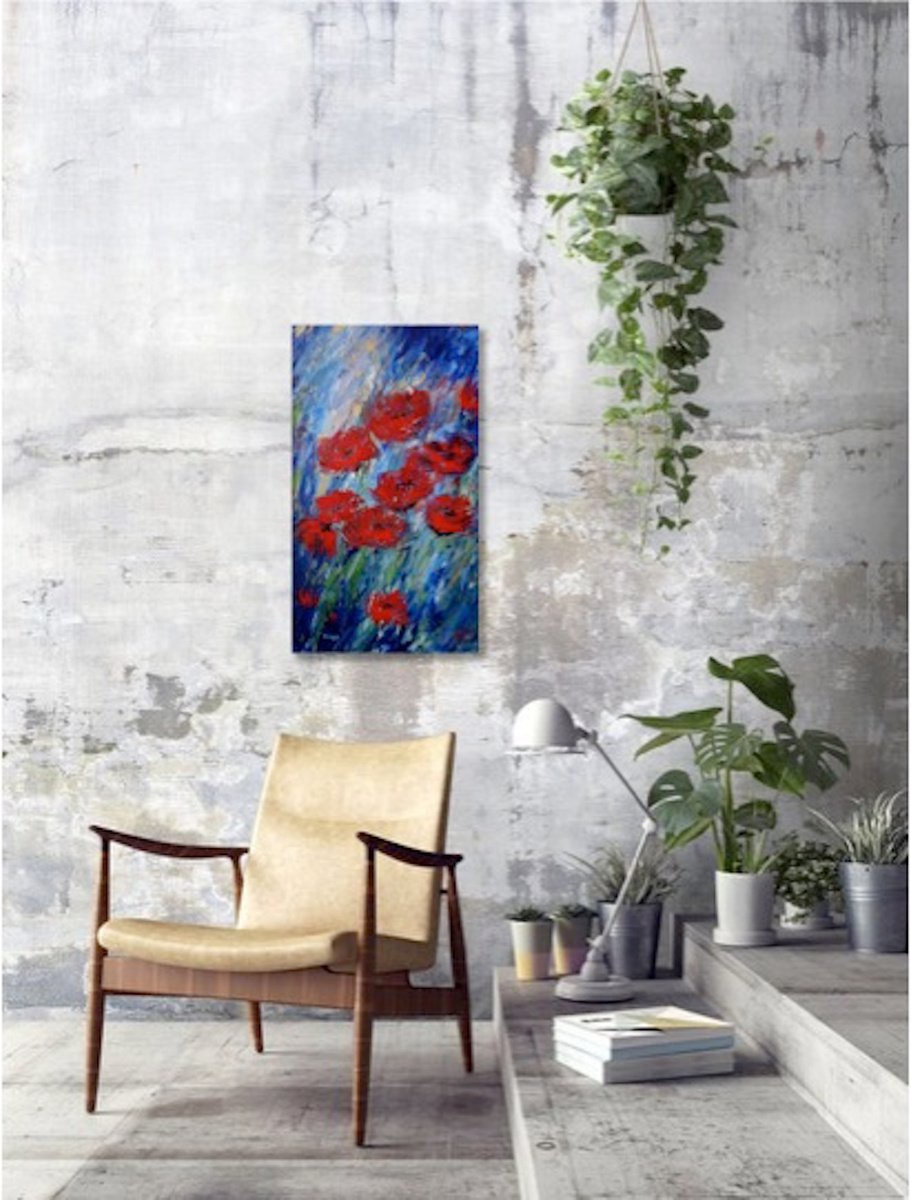 23.7x13.8x1.6 (60x35x4cm), Poppies in the Wind, Original Poppy Painting, Red, Blue, Gold by Elena Parau