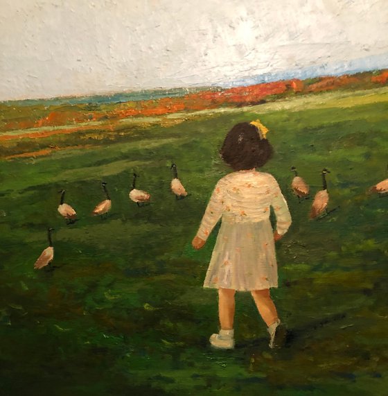 Follow the geese , landscape, oil