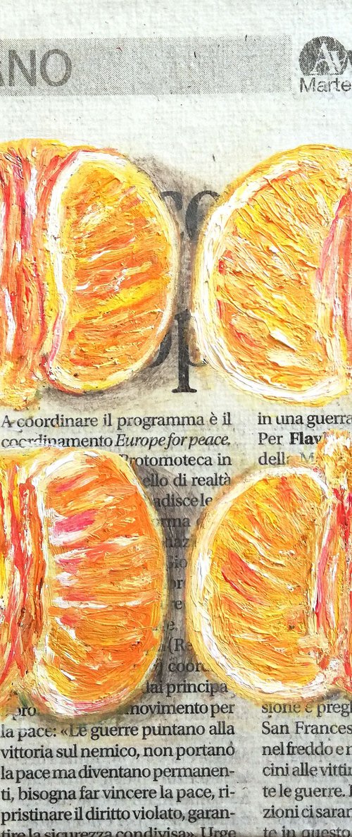 "Mandarine Halves on Newspaper" Original Oil on Canvas Board Painting 6 by 6 inches (15x15 cm) by Katia Ricci