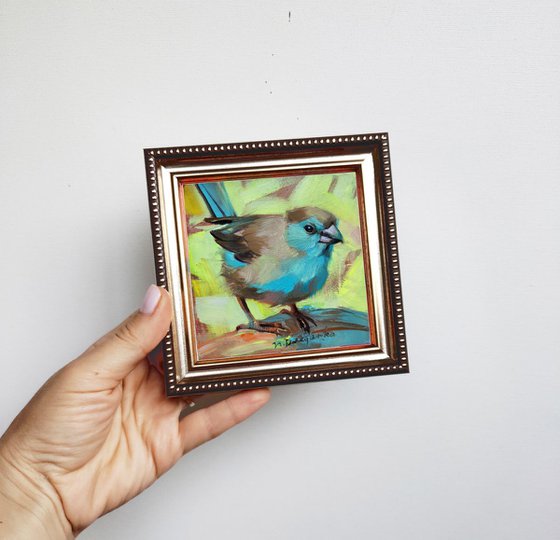 Bird art painting original 4x4, Oil painting turquoise bird, Blue Waxbill bird wall art, Tiny bird picture frame, Bird lovers gift artwork