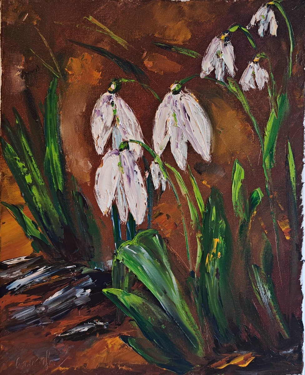 Impressionistic Botanical Oil Painting By Oksana Fedorova, 12 X 16", Snowdrops In The Forest, Original Artwork