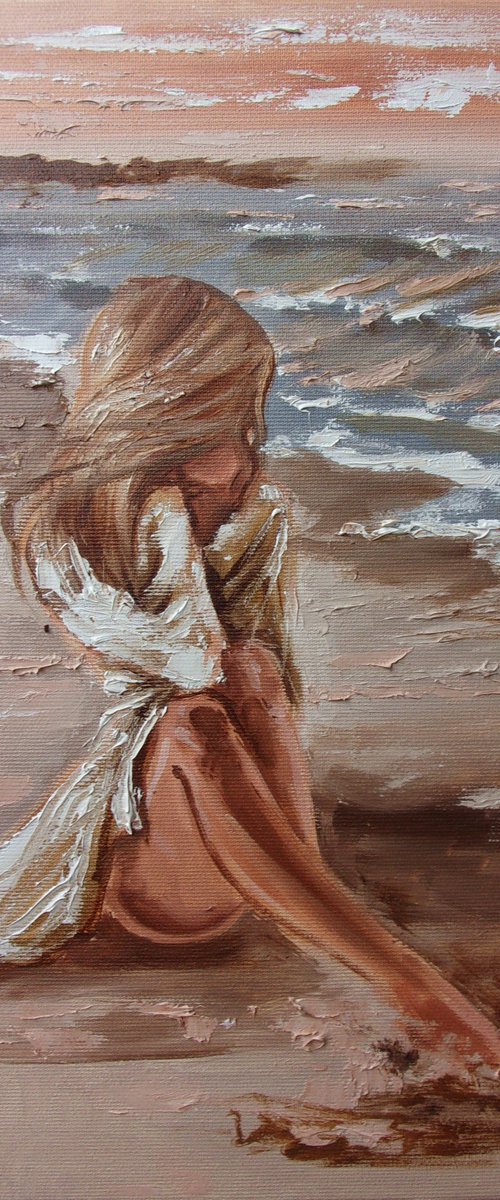 " BEST PLACE ... " SUN SKY SEA SAND liGHt  ORIGINAL OIL PAINTING, GIFT, PALETTE KNIFE by Monika Luniak
