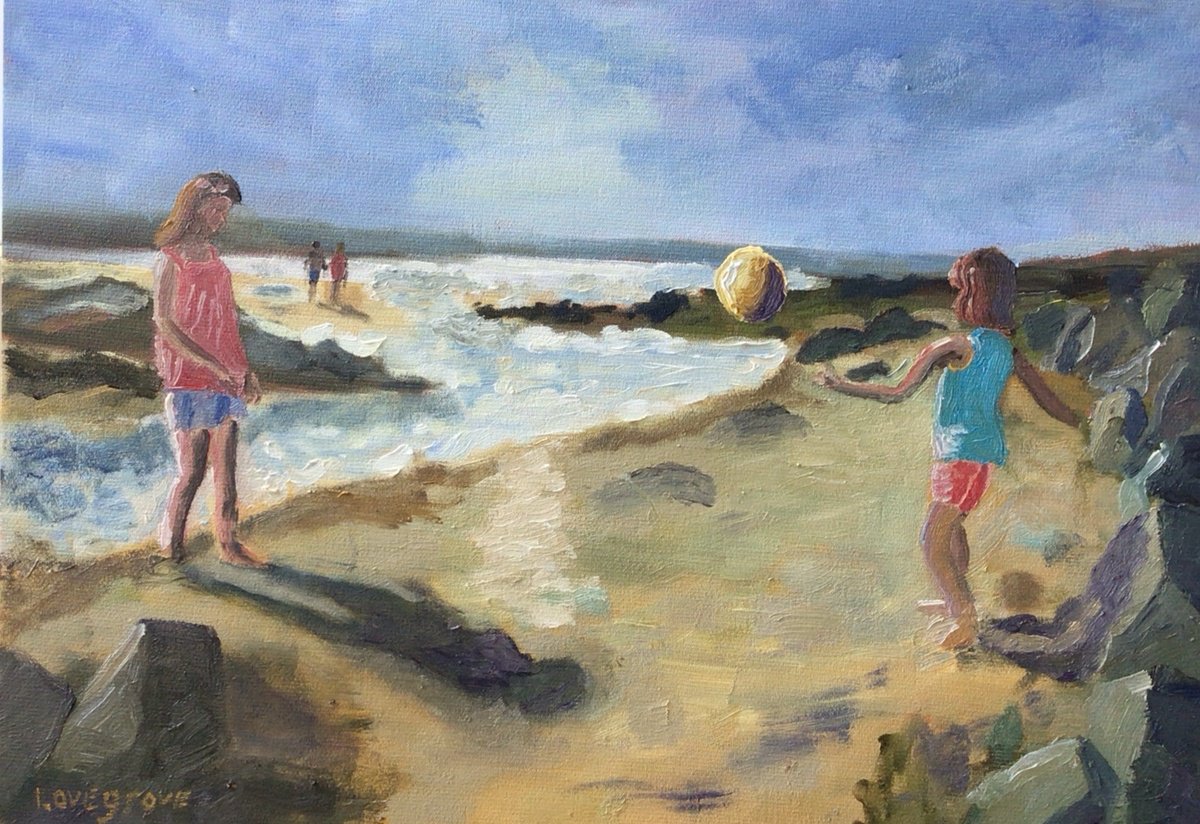 Impressionistic Landscape Oil Painting By Julian Lovegrove Art, 14 X 10", Children Playing Ball, Original Artwork
