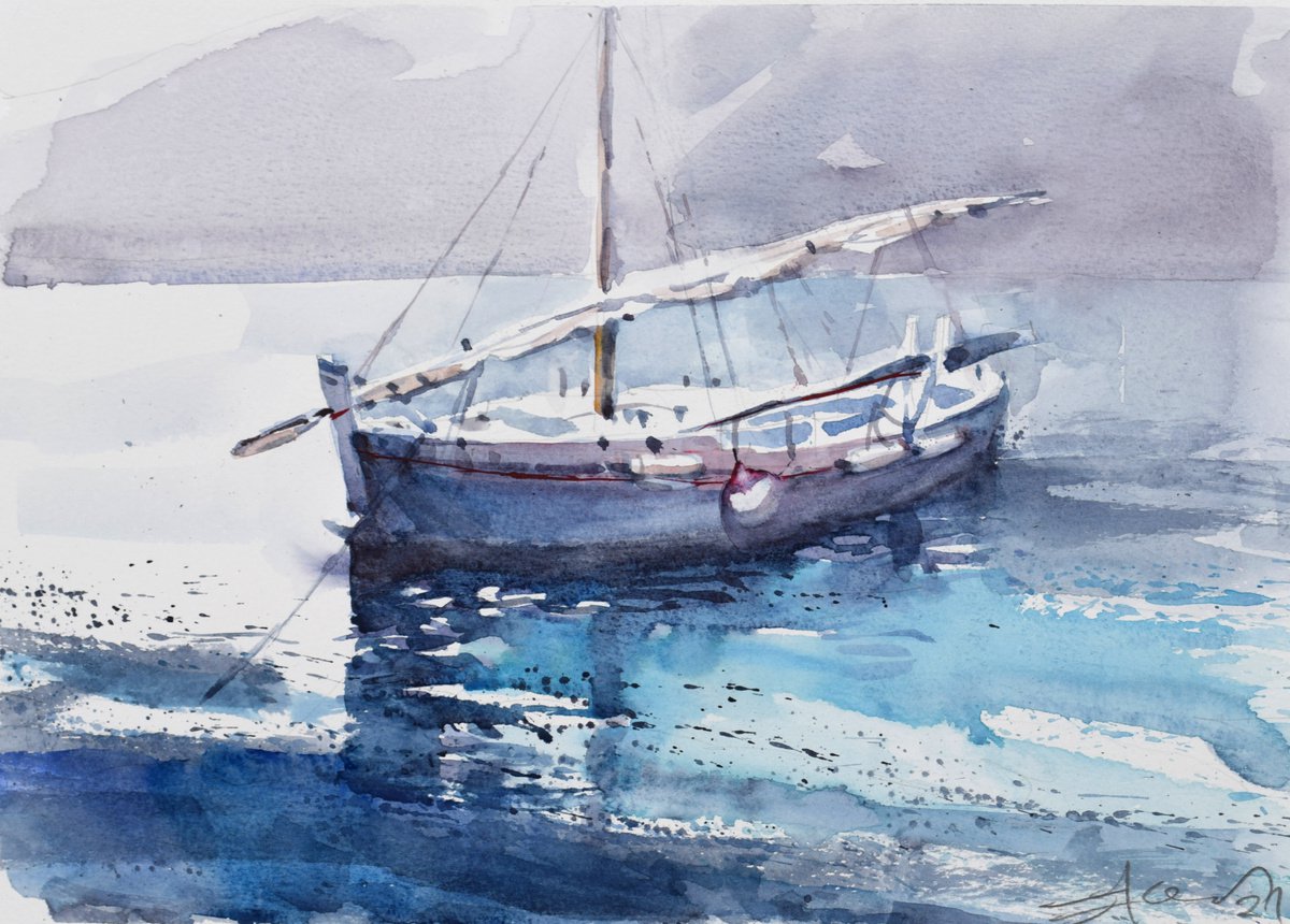 Boat in the harbor by Goran Zigolic Watercolors