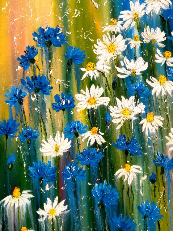 Daisy Painting Floral Original Art Cornflowers Oil Artwork Camomile Painting Meadow Wild Flowers Home Wall Art 12 by 20" by Halyna Kirichenko