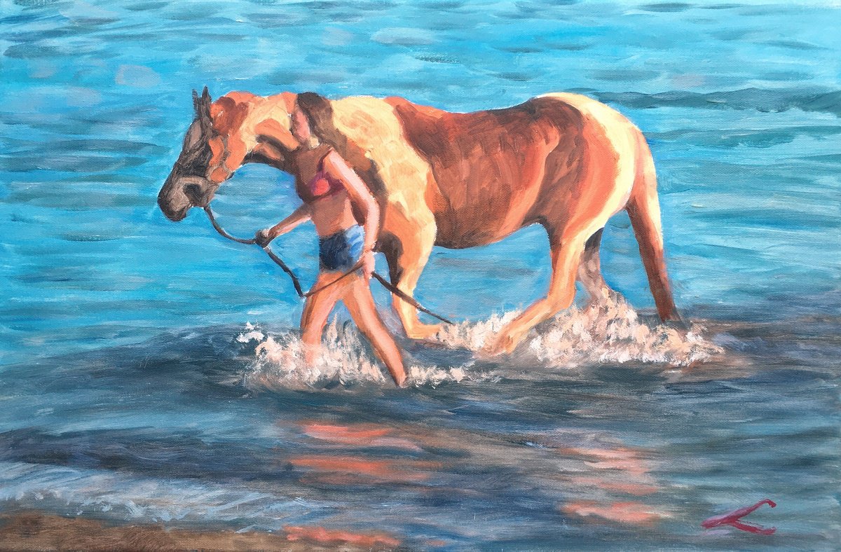 Impressionistic Animal Oil Painting By Elena Sokolova, 24 X 16, Leading A Horse, Original Artwork