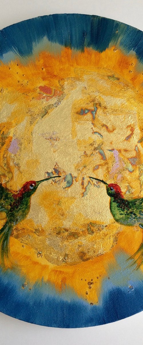 To the Sun - Mixed media round painting with two birds by Olga Ivanova