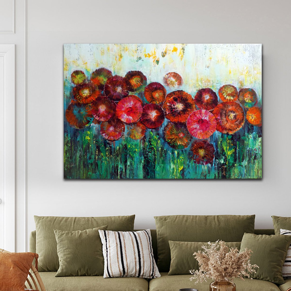 Garden With Red Flowers By Areti Ampi, 39 X 28, Artwork For Sale On Artfinder