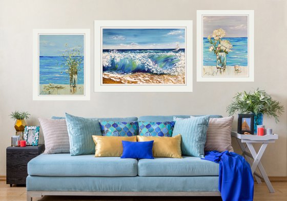 ONE DAY ON THE SEASHORE - Ocean set. Triptych marine story. Seascape 3 pcs. Triple panel. Beautiful flowers. Blue background. Nature. Heat.