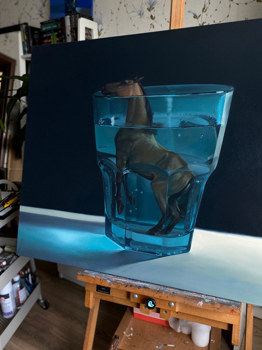 Surrealistic Animal Oil Painting By Anastasia Parfilo, 39 X 31, Blue Glass, Original Artwork