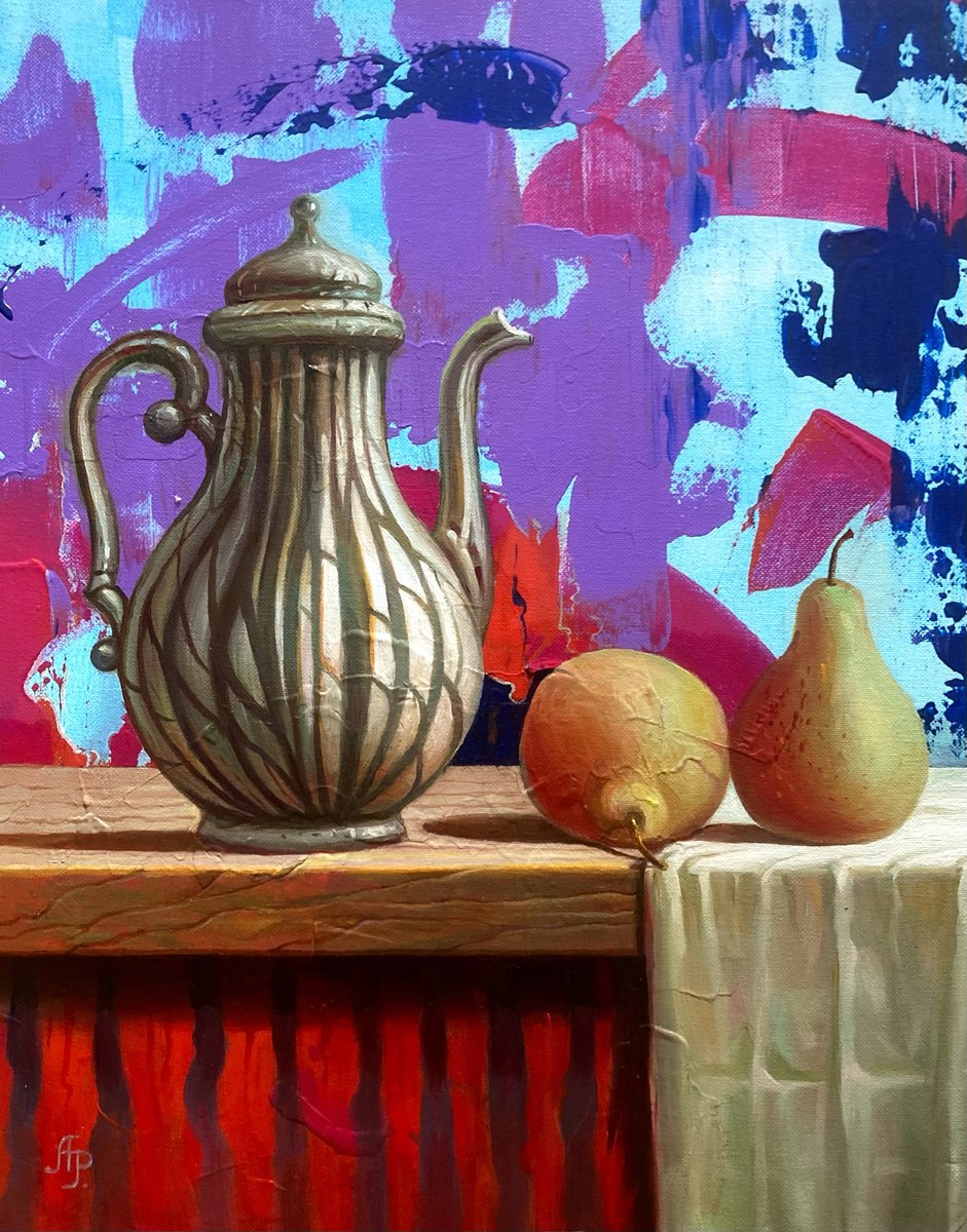 Photorealistic Still Life Oil Painting By Olexandr Romanenko, 16 X 20", Still Life With Jug And Pears, Original Artwork