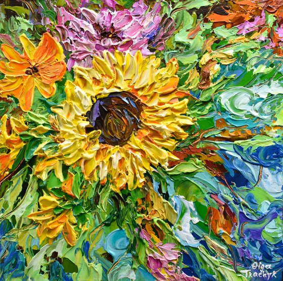 Sunflower in the garden - Original Floral Painting on Canvas, Palette Knife Art, Textured Impasto Artwork