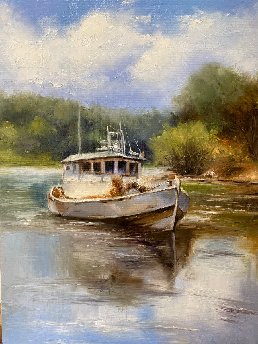 Impressionistic Landscape Oil Painting By Farzaneh Maddahi, 12 X 16, Ship On Way, Original Artwork