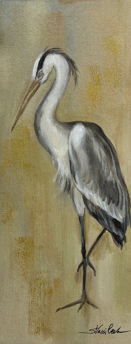 Impressionistic Animal Acrylic Painting By Silvia Vassileva, 8 X 20", Vintage Heron Ii, Original Artwork