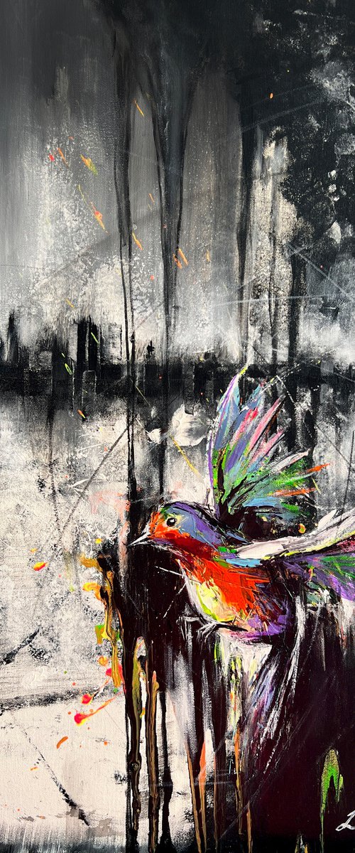 Black bird flashing in rainbow winds by Lana Frey
