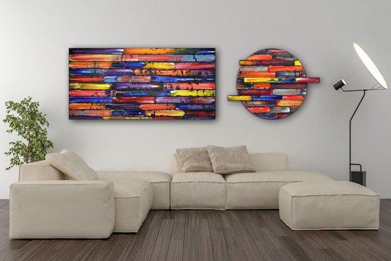 "Inseparable" - Save As A Series - Original PMS Sculptural Oil Painting Assemblage Diptych On Circular Wooden Panels - 79 x 24 inches