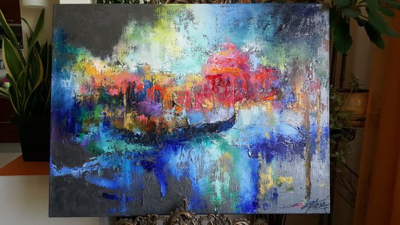 Abstract painting Mysterious Venice, oil, acrylic, cityscape