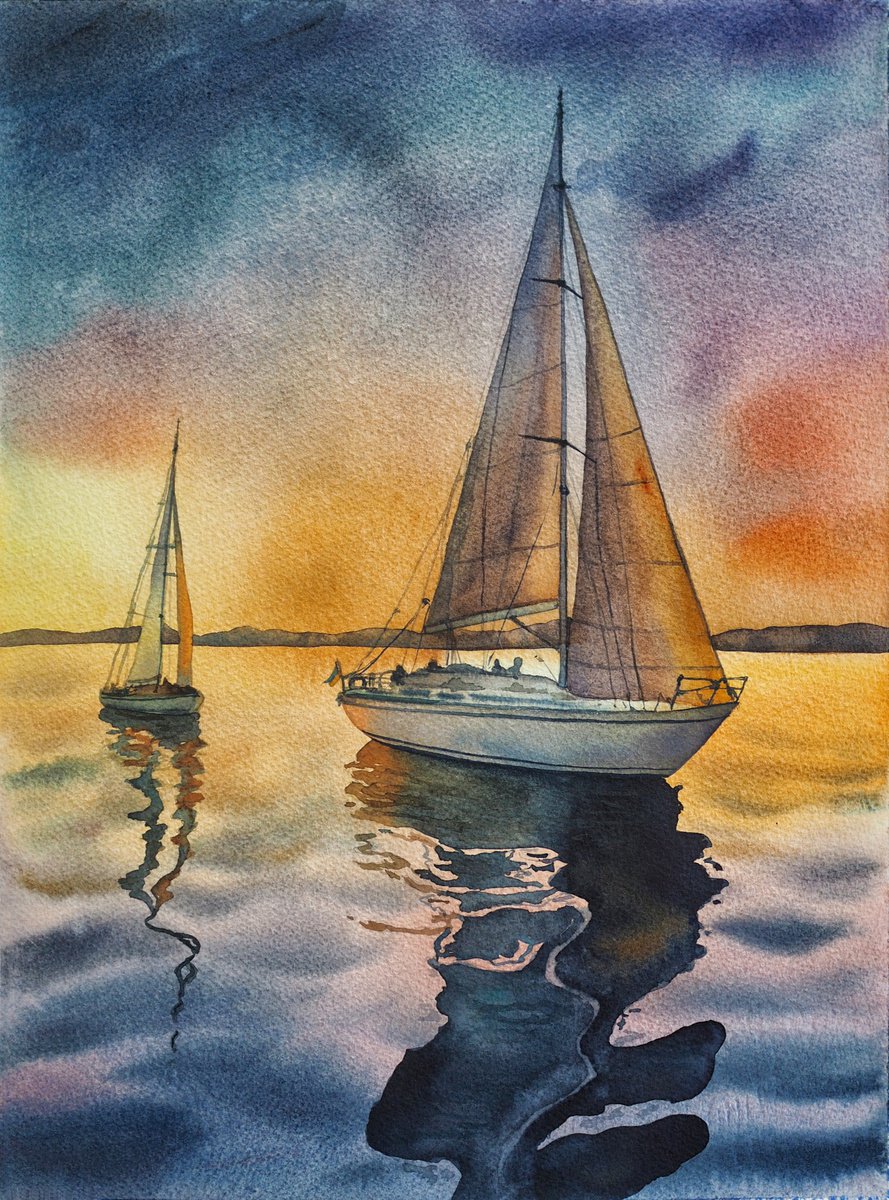 Sail on sunset - original watercolor artwork from ukranian artist by Delnara El