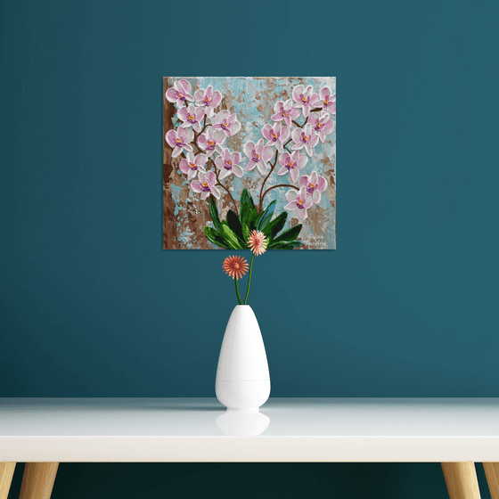Pink Orchid 12"x12",  Impasto Floral Painting
