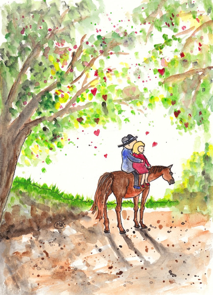 Expressive Portrait Painting By Marjansart, 8 X 12", Lovely Couple On A Horse, Original Artwork