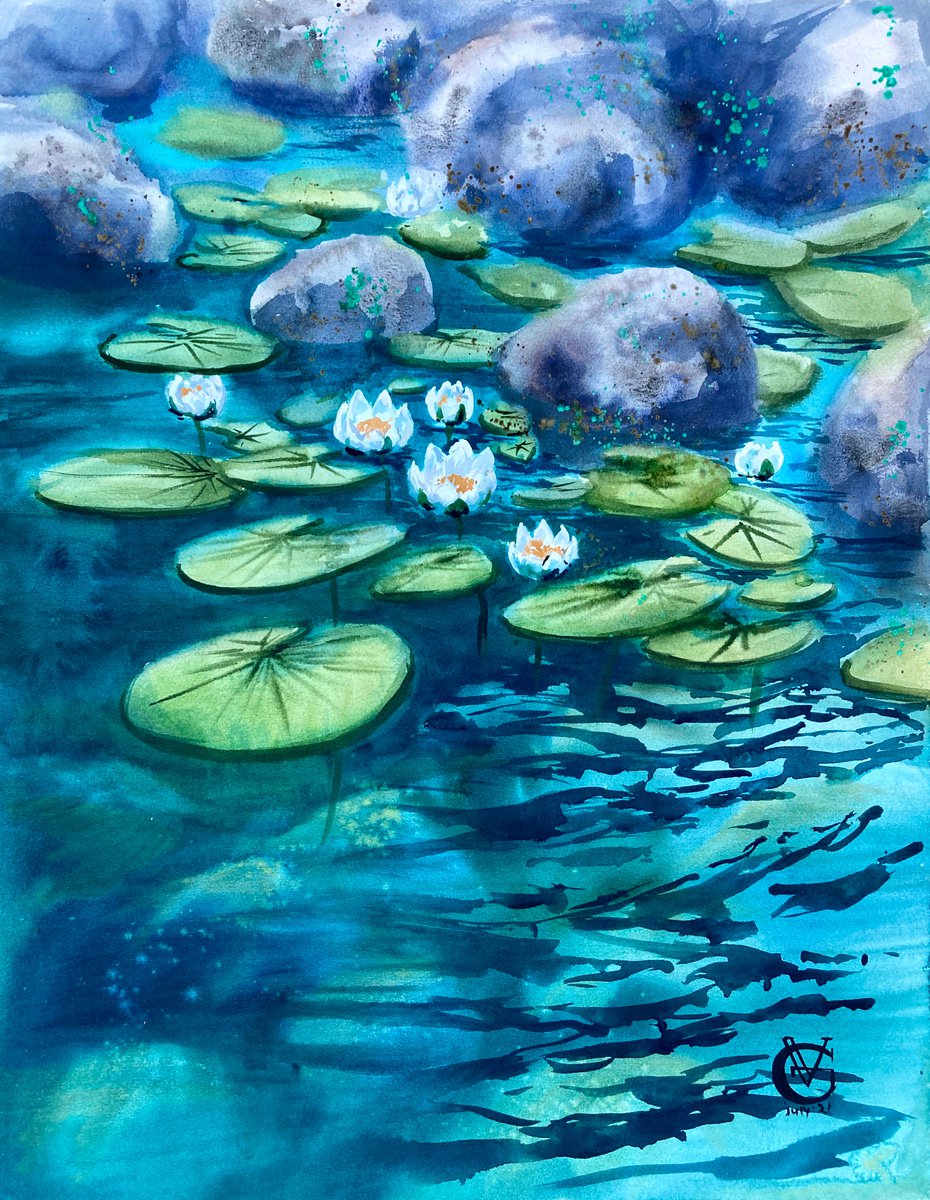 Impressionistic Botanical Watercolour By Valeria Golovenkina, 20 X 26", Water Lilies, Original Artwork