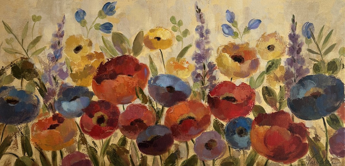 Expressive Botanical Acrylic Painting By Silvia Vassileva, 36 X 18", Rainbow Of Flowers, Original Artwork