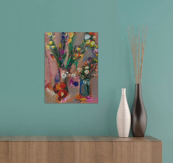 Still life with flowers and pomegranate