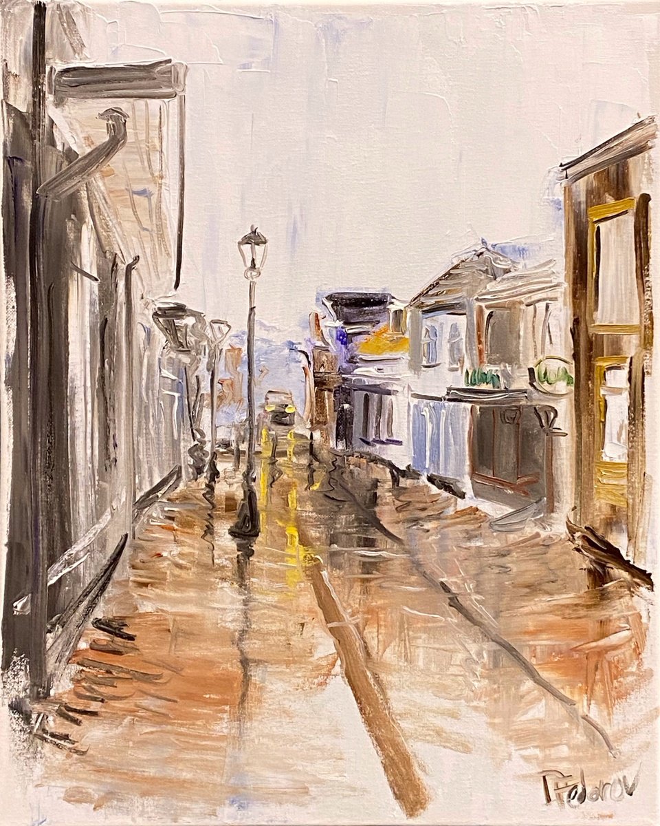 Impressionistic Cityscapes Oil Painting By Dmitry Fedorov, 16 X 20, Rainy Dutch Street, Original Artwork