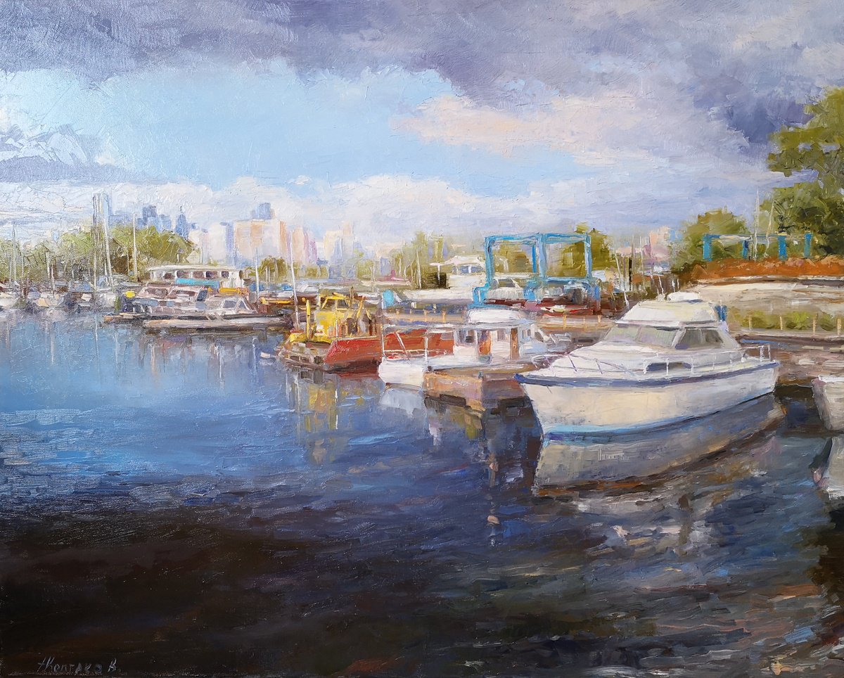 Impressionistic Landscape Oil Painting By Alexander Koltakov, 30 X 24, Toronto Island Boats, Original Artwork
