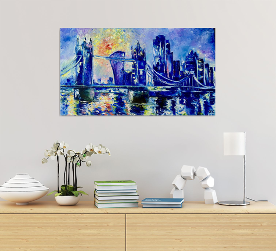 Tower bridge, City of London,  sunrise, variations of blue colors: ultramarine, navy blue, turquoise, sky blue, cobalt, palette knife original artwork.