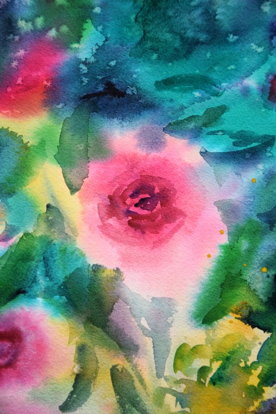 Roses Watercolor Painting, Abstract Wall Art, Pink Flowers Original Artwork