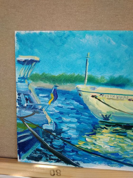Pleasure boat before sailing. Pleinair painting