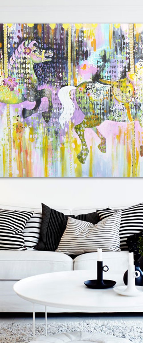 The gallopers (large expressive contemporary painting with carousel horses, kitsch art) by Carolynne Coulson