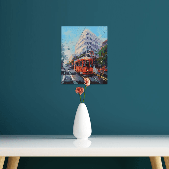 Red tram (24x30cm, oil painting, ready to hang)