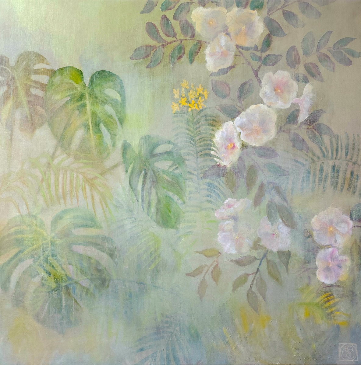 Impressionistic Botanical Oil Painting By Katia Bellini, 35 X 35", Misty Floral, Original Artwork