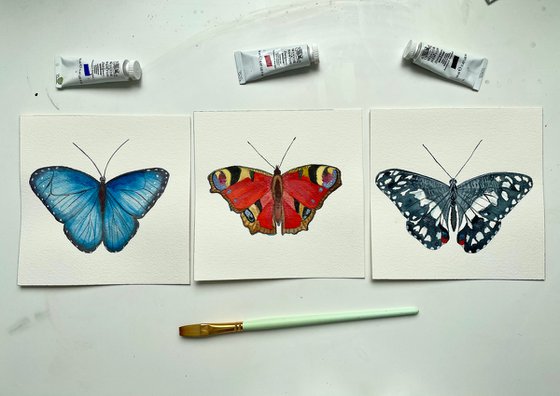Set of 3 Paintings, Butterfly Watercolor Original Art, 3 Piece Wall Art, Cottagecore Decor