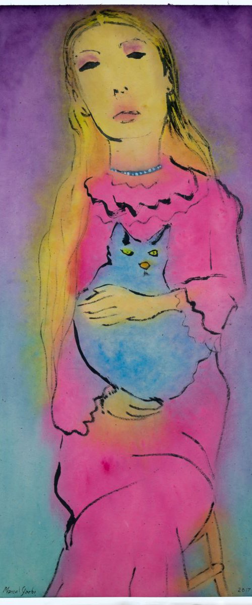 Blonde woman with blue cat by Marcel Garbi