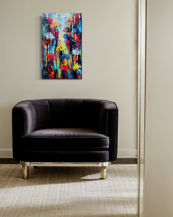 Bright umbrellas. Lady in pink