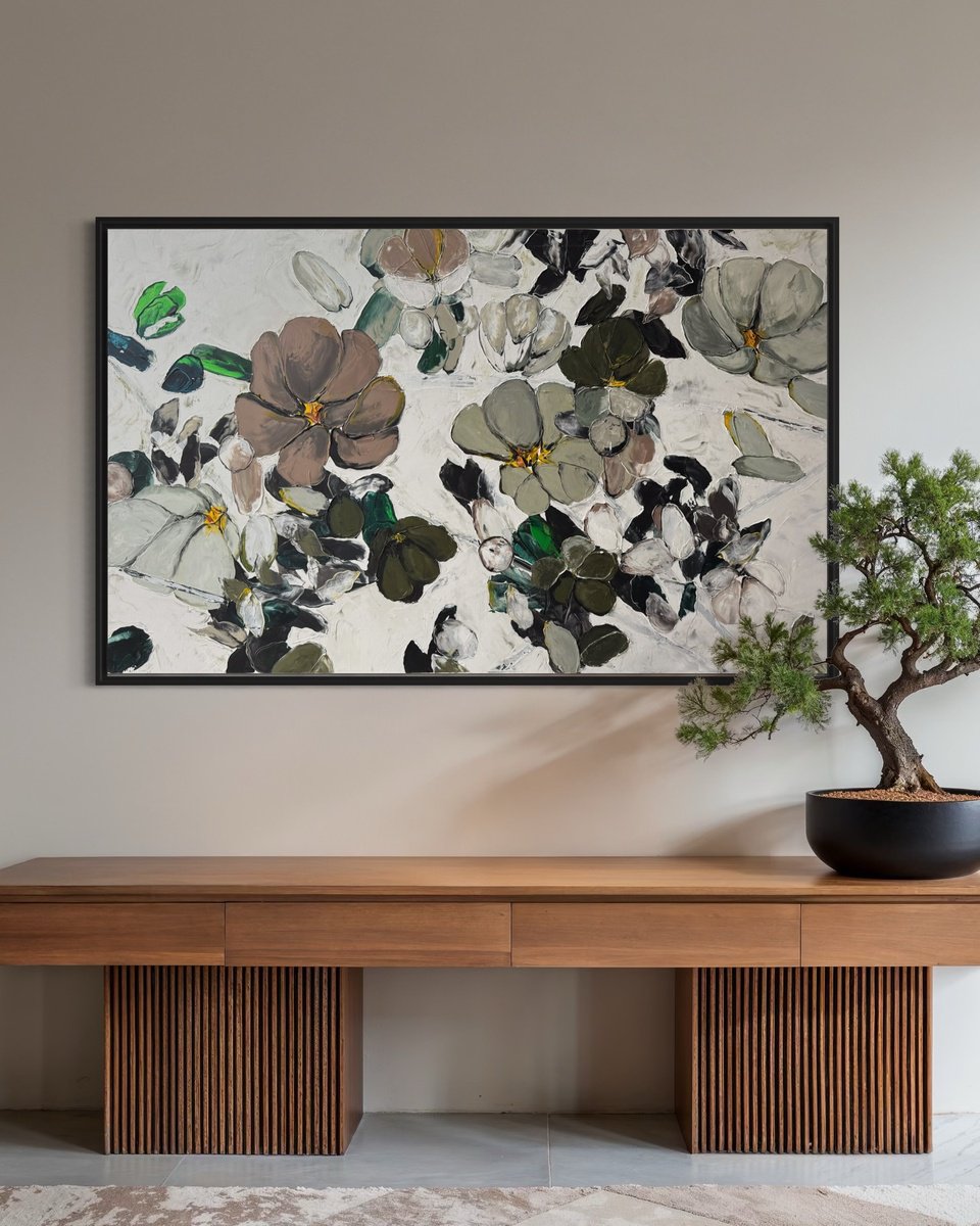 Impressionistic Botanical Acrylic Painting By Tetiana Hutsul, 61 X 37", She Speaks In Petal Tones, Original Artwork