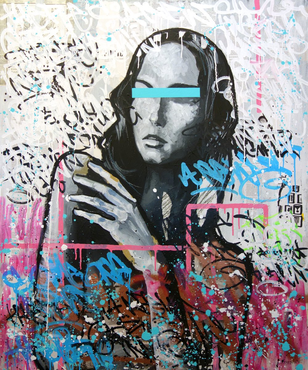 Urban And Pop Portrait Acrylic Painting By Tomasz Brynowski, 39 X 47", Tomorrow She