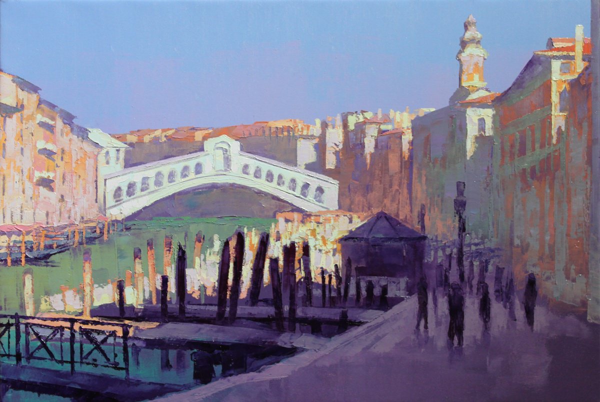 Impressionistic Cityscapes Oil Painting By Revaz Tcheishvili, 33 X 25", Venezia, Ponte Di Rialto, Original Artwork