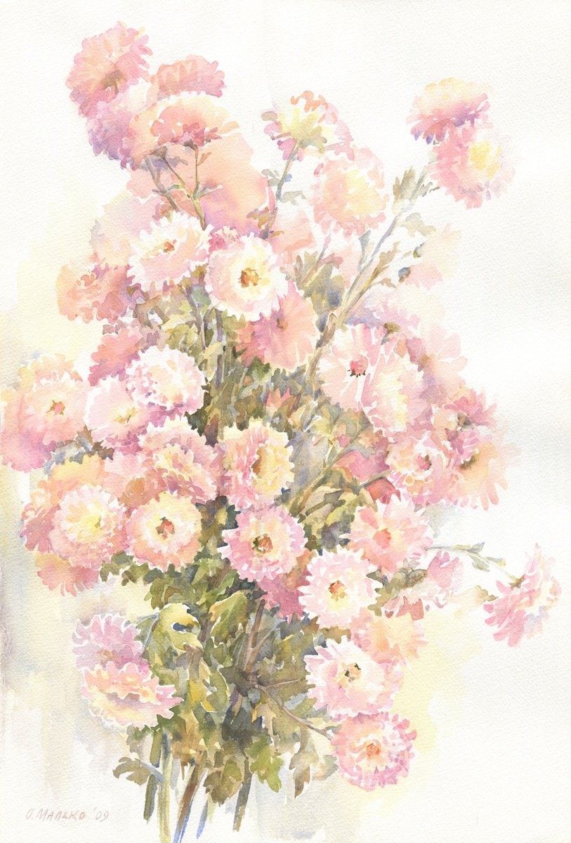 Impressionistic Botanical Watercolour By Olha Malko, 15 X 22", Pink Small Chrysanthemums, Original Artwork