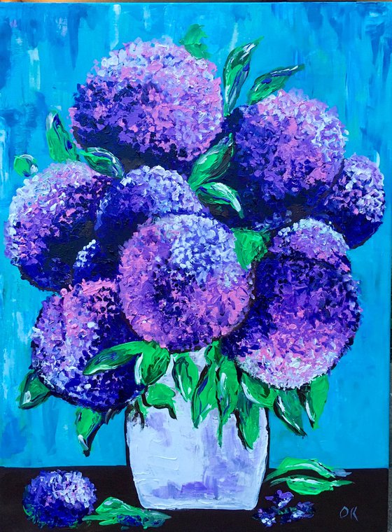 BOUQUET OF Purple hydrangea on turquoise in a white vase palette  knife Original Acrylic painting office home decor gift