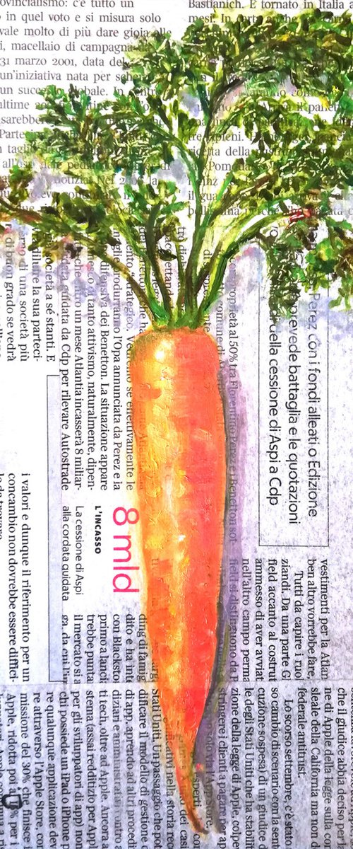 "A Carrot on Newspaper" Original Oil on Canvas Board Painting 7 by 10 inches (18x24 cm) by Katia Ricci