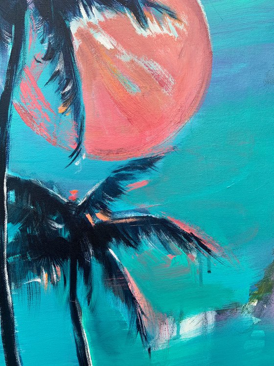 Delicate painting - "Pink moon" - Pop Art - palms and sea - night seascape - 2022