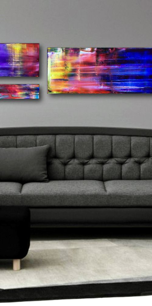"Beautiful Velocity" - FREE USA SHIPPING - Original PMS Abstract Triptych Oil Paintings On Wood - 42" x 12" by Preston M. Smith (PMS)