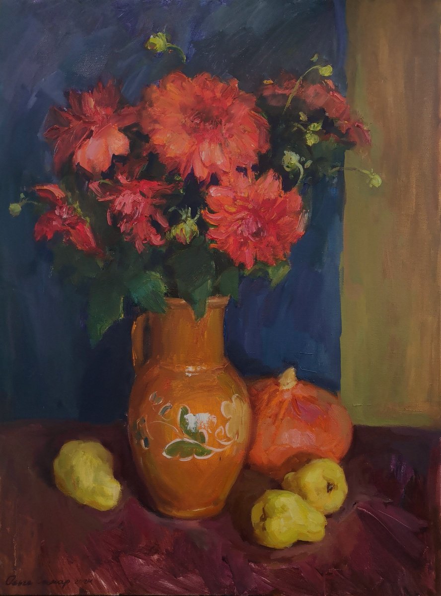 Impressionistic Still Life Oil Painting By Olga Samar, 24 X 31", Dahlia Velvet, Original Artwork