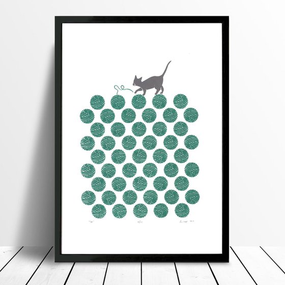 Cat in Teal Green - Unframed - FREE Worldwide Delivery