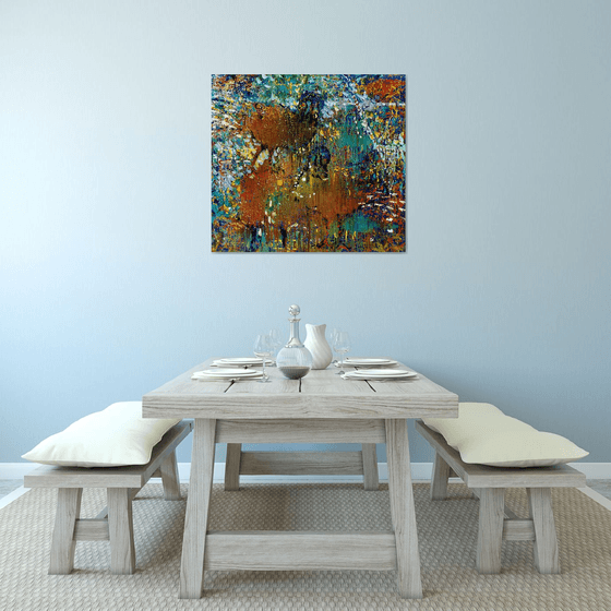 TWO PEACOCKS - abstract panel with birds, bright, coloured, interior art, kids room